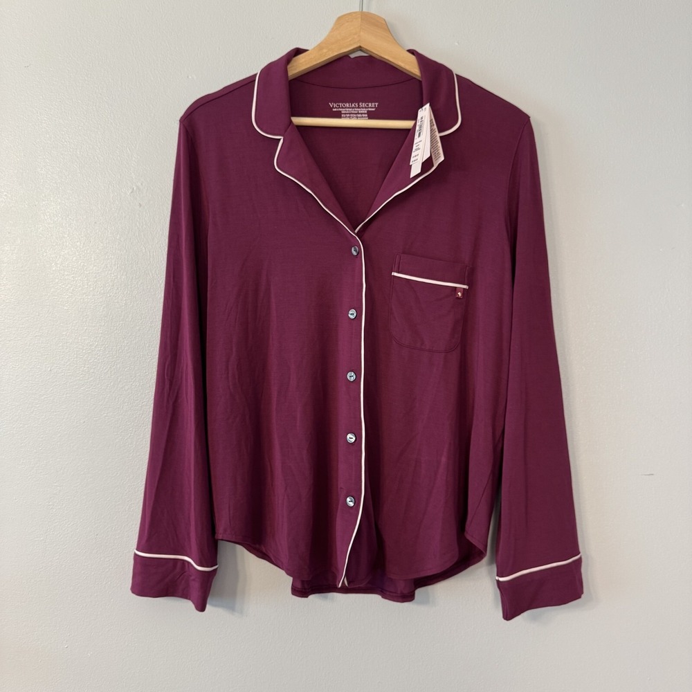 Victoria's Secret‎ Pajama Top Button Up Shirt Womens XS Maroon w/ Pink Trim NEW!